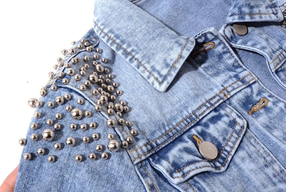 Kedera Women's Denim Jacket Long Sleeve Western Rivet Studded Washed Pearl Short Jean Coat - Image 2