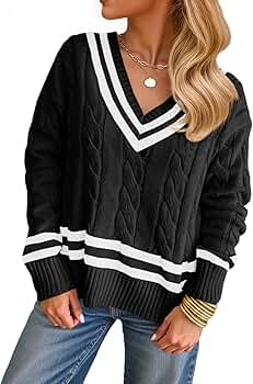 Saodimallsu Womens V Neck Cable Knit Sweaters Long Sleeve