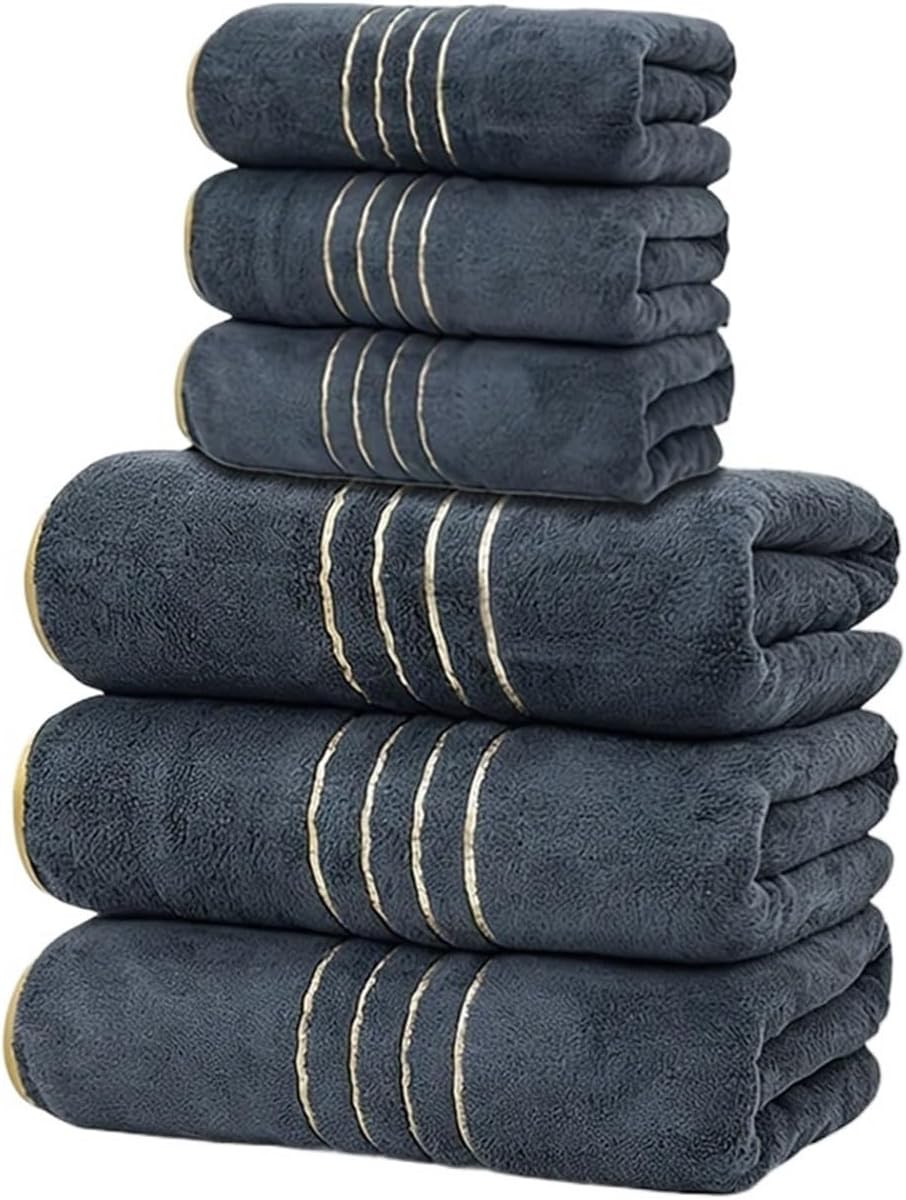 2/3/6/8 Pcs Bath Towel Set White & Gray with Golden Accents, Soft Absorbent Premium Towels for Home, Hotel & Bathroom(Drak Blue x3)