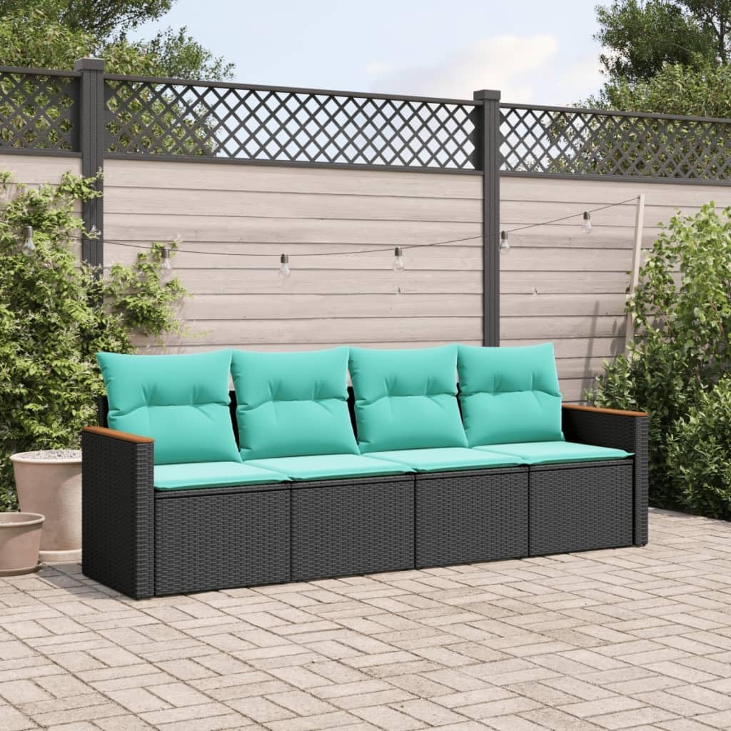 vidaXL Patio Sofa Set with Cushions - 4 Piece Black Poly Rattan Outdoor Furniture, Blue Removable Covers, Modern Modular Design, Garden, Terrace, Deck
