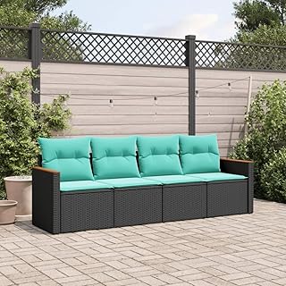 4 Piece Modular Patio Furniture Set Black All Weather Poly Rattan with Blue Cushions Modern Outdoor Conversation Set Seats 4 for Garden Balcony and Backyard