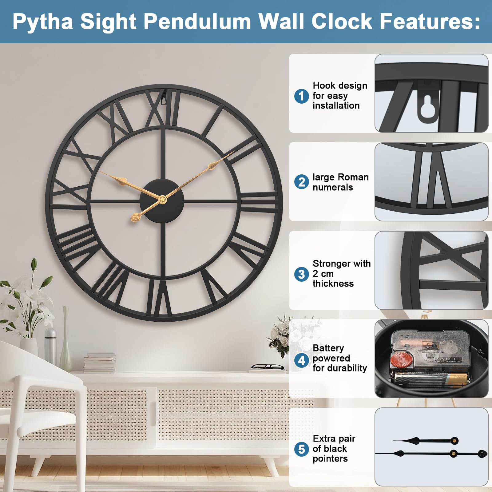Pytha Sight Reloj de pared moderno 35 cm de metal negro, silencioso
