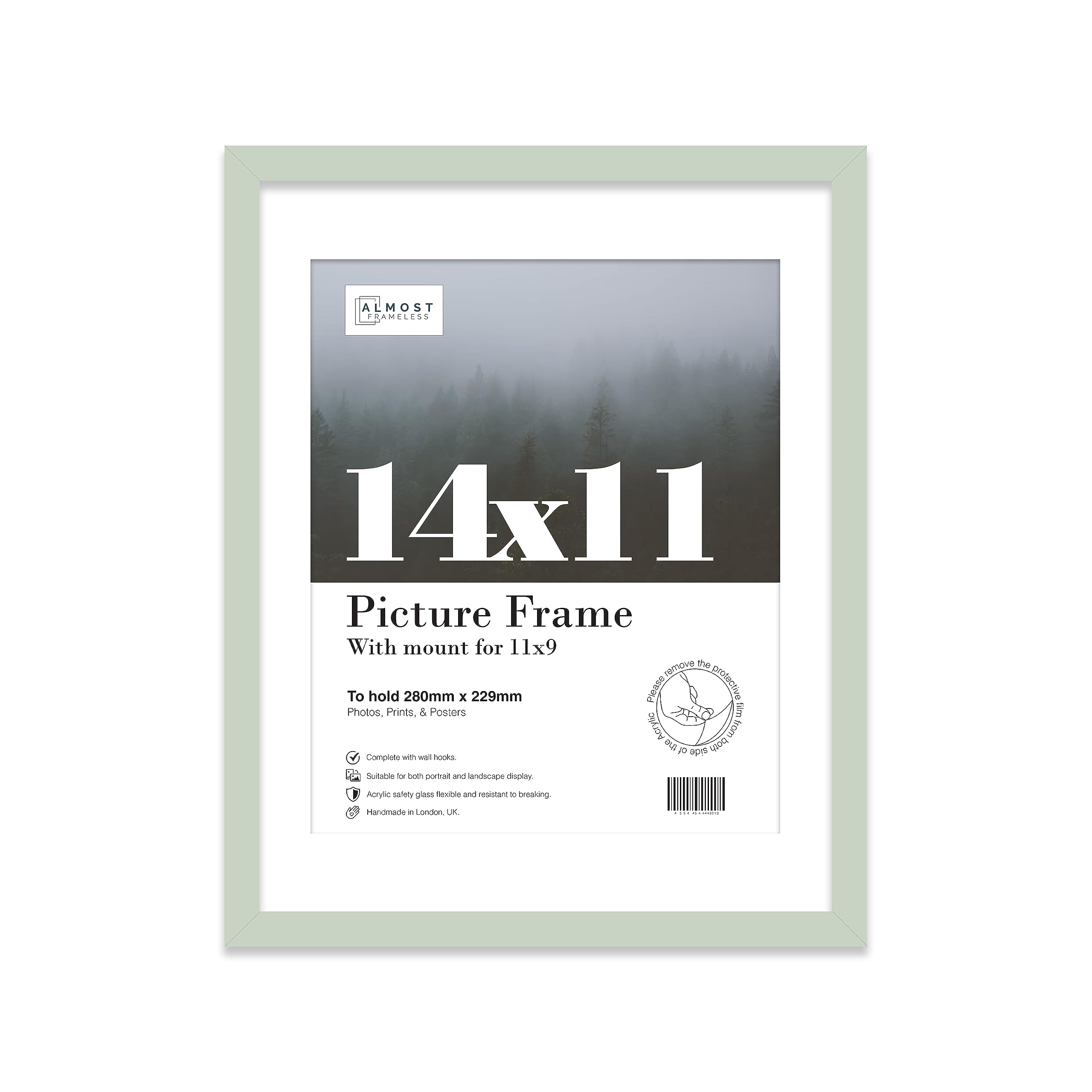 Almost Frameless 14x11 Mint Picture Frame With Mount for 11x9 Print, Poster or Photo Poster, Photo, Artwork, or Print. Thin Edge Slim Frame Portrait and Landscape Display with Wall Hooks โ image 1