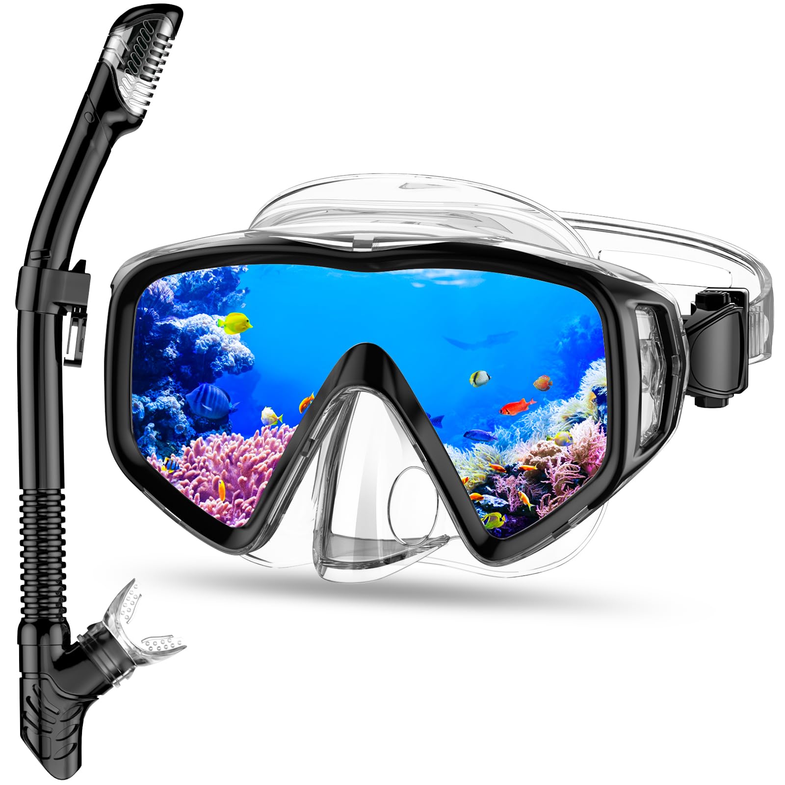 WISHBETY Juego de esnórquel para adultos, con gafas de buceo y tubo seco para hombre y mujer, antifugas y antivaho, máscara de buceo de vidrio templado para buceo, esnórquel y natación