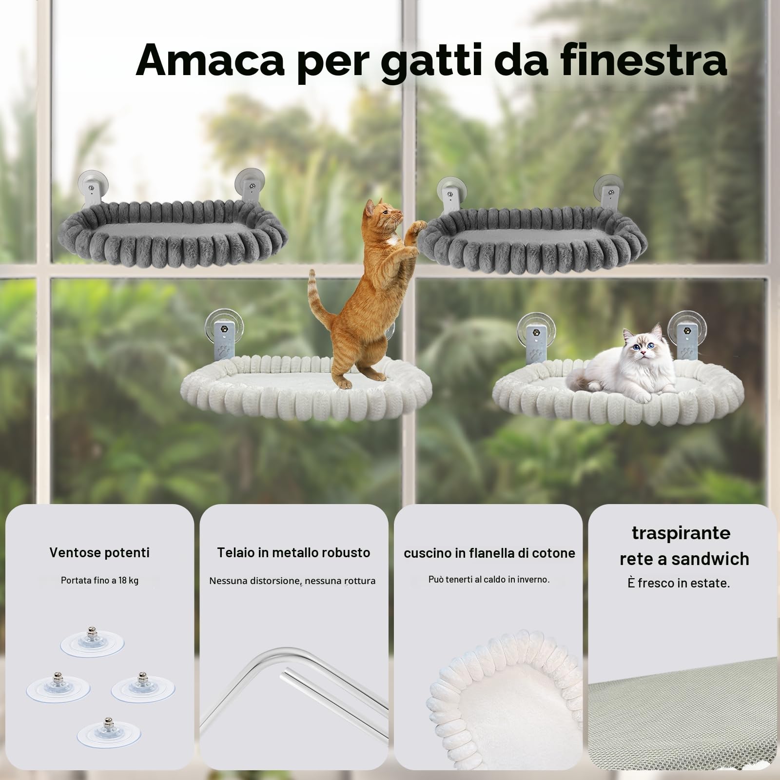 Amaca per Gatti da Finestra 52x30cm, Ventose, Coniglio, Grigio | 4 ventose potenti, design pieghevole, supporto fino a 18 kg, cuscino soffice e lavabile