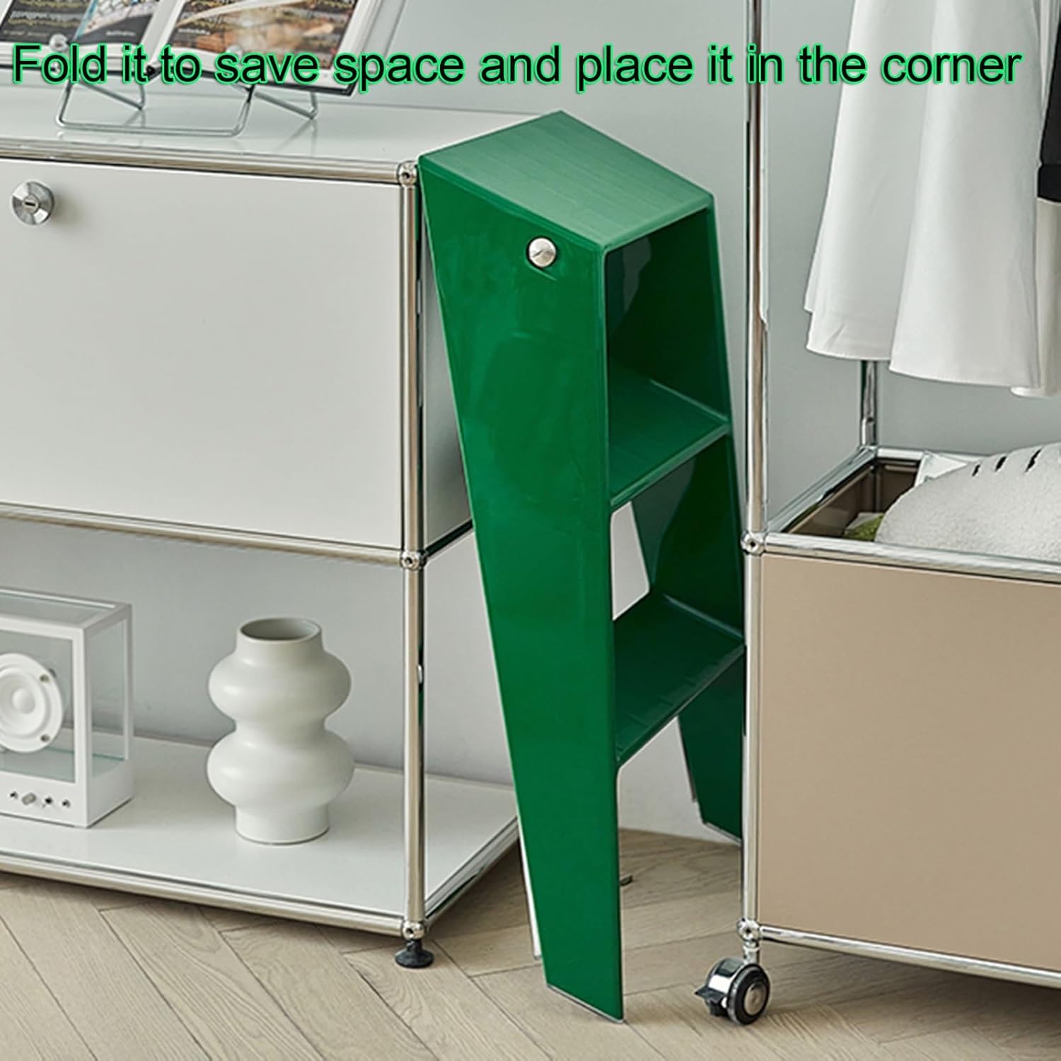 Acrylic 3 Step Folding Step Stool Home Garden Electroplated Silver Iron Frame Ladder Stool Wider Pedal Step Ladder with Non-Slip Feet (L17.3xW20.5xH24.8)