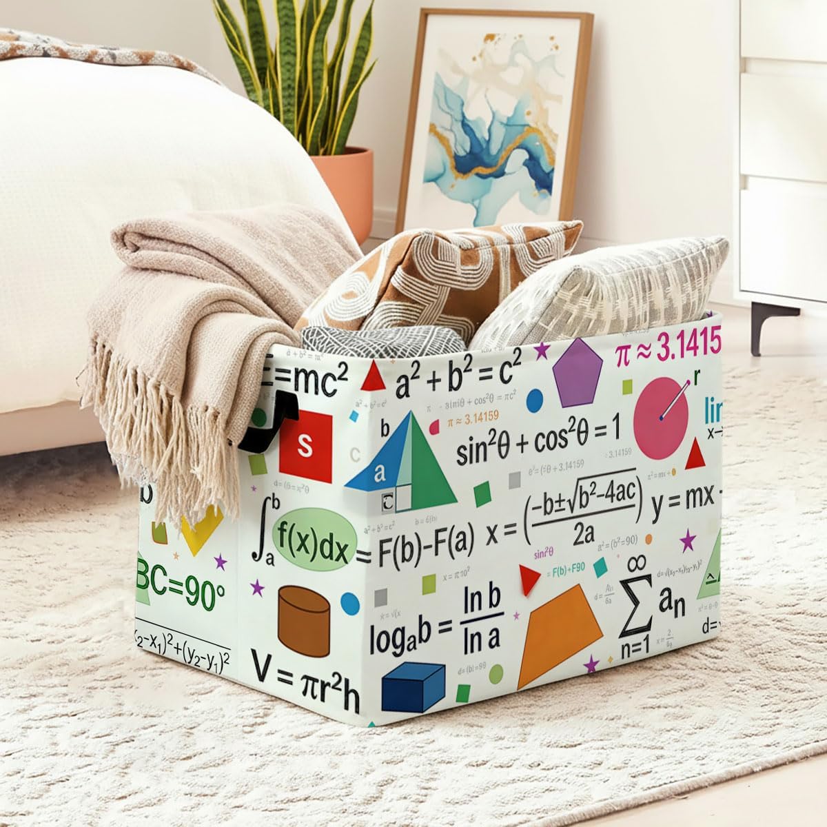 Math Theme Laundry Hamper with Handles,Large 56L Foldable Square Clothes Basket Multi‑Use Blanket Storage Bins for Organizing Books,Toys,Gifts,Room Decoration,Laundry Room,Dorm Nursery