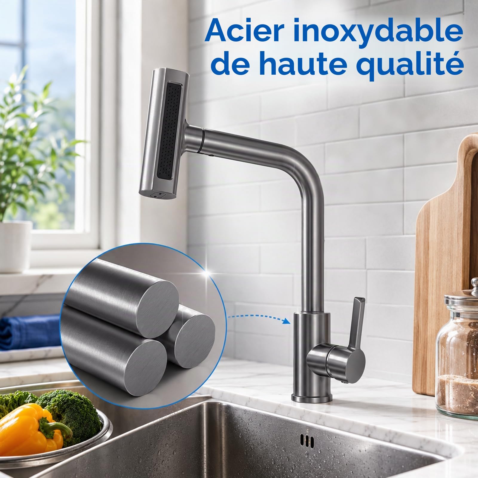Robinet de Cuisine Rétractable – Mitigeur Évier 360° en Inox 304 Brossé, 4 Modes de Jet (Mousse/Lame/Pluie/Cascade), Douchette Extractible 60 cm