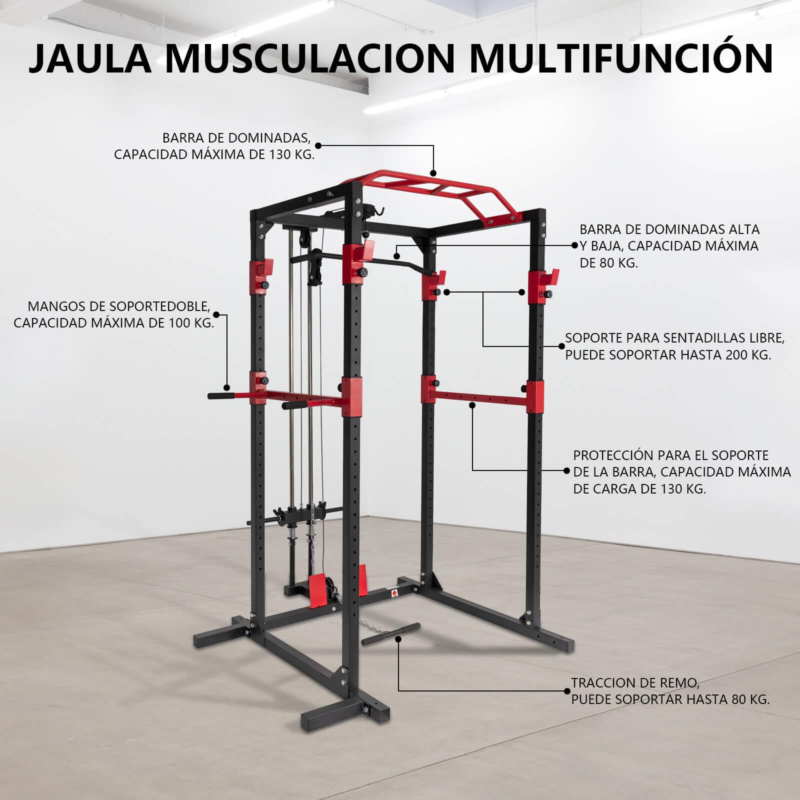 ALLINLIFE Jaula Musculacion Ajustable,Jaula de Potencia Multifuncional,Jaula de Sentadillas con Barra de Dominadas, Estación de Dips y Remo,Multipower Maquina Gym Gimnasio en Casa para Entrenamiento