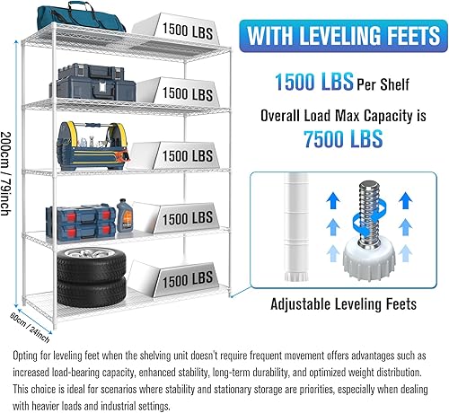 Miniatura 4 de Estantería de alambre NSF de 5 niveles, 24 x 60 x 82 pulgadas, capacidad de 7500 libras, estante de metal de almacenamiento ajustable resistente con
