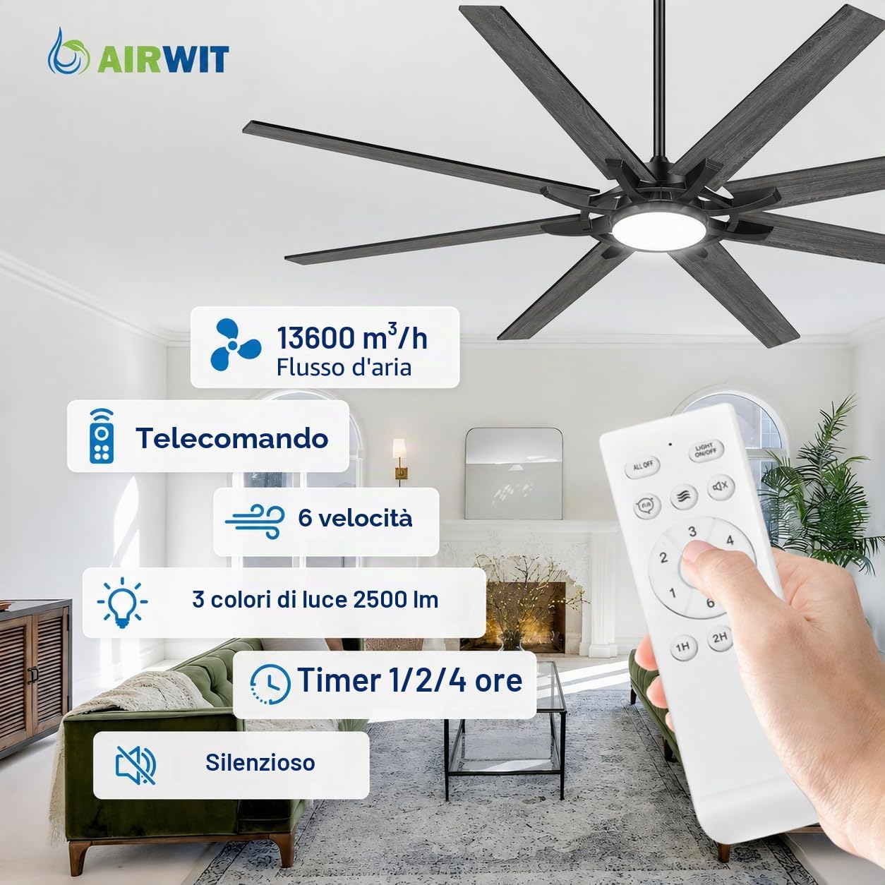 Airwit 183cm Extra Grande Ventilatore da Soffitto con Luce, 8 Doppia Faccia Pale, 8000CFM Silenzioso Lampada Ventilatore Soffitto con Telecomando e DC Motore,6 Vitesses per Grande Soggiorno, Esterno