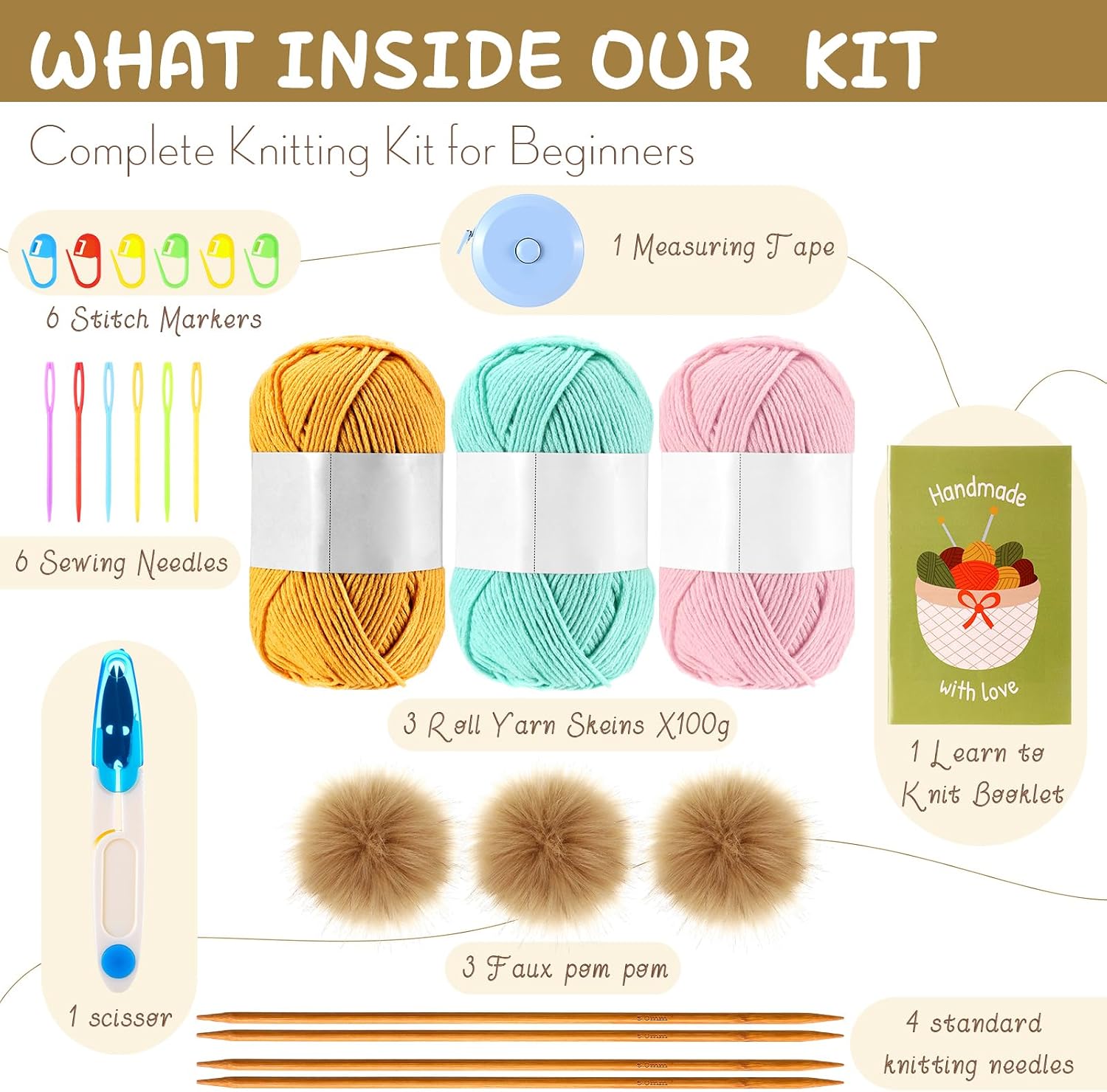 Maasechs Knitting Kit for Beginners Adults Complete Hat Knitting Kits Learn to Knit Kits with Yarn Bamboo Needle Pom Pom Step-by-Step Instruction Knit Accessories for Mother Women Men Gifts(Bright)