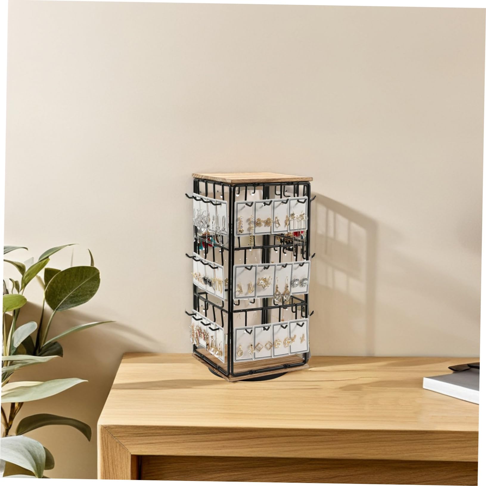 Garneck Espositore Girevole a 360° Marrone per Orecchini in Legno Design Salvaspazio Multifunzionale, Organizer per Gioielli e Piano D'appoggio per Vanità