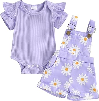 Rtnnsbbfcm Newborn Baby Girl Clothes Summer Outfit Short Sleeve Ribbed Romper Floral Suspender Overalls Shorts Set