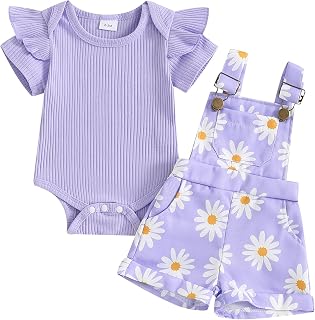 Rtnnsbbfcm Newborn Baby Girl Clothes Summer Outfit Short Sleeve Ribbed Romper Floral Suspender Overalls Shorts Set