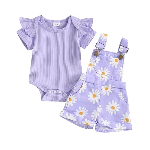 Rtnnsbbfcm Newborn Baby Girl Clothes Summer Outfit Short Sleeve Ribbed Romper Floral Suspender Overalls Shorts Set