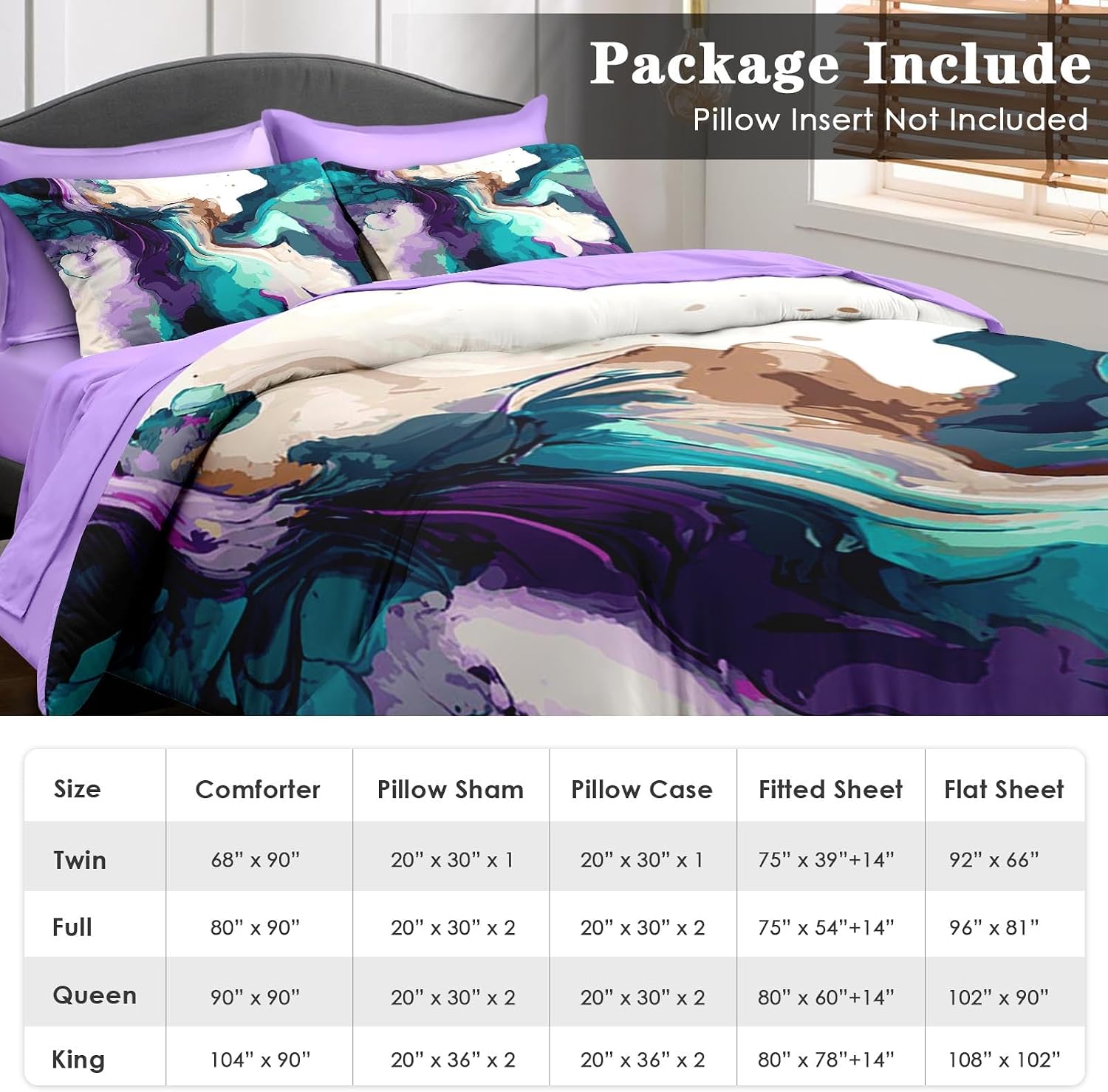 Pamnest Comforter Set Queen Size, Marble Colorful 7 Pcs Bedding for Kids and Adults, Multicolored Purple Teal Bed Sheet Sets with Fitted Sheet 2 Pillowcase & 2 Sham for Bedroom Bed Decor