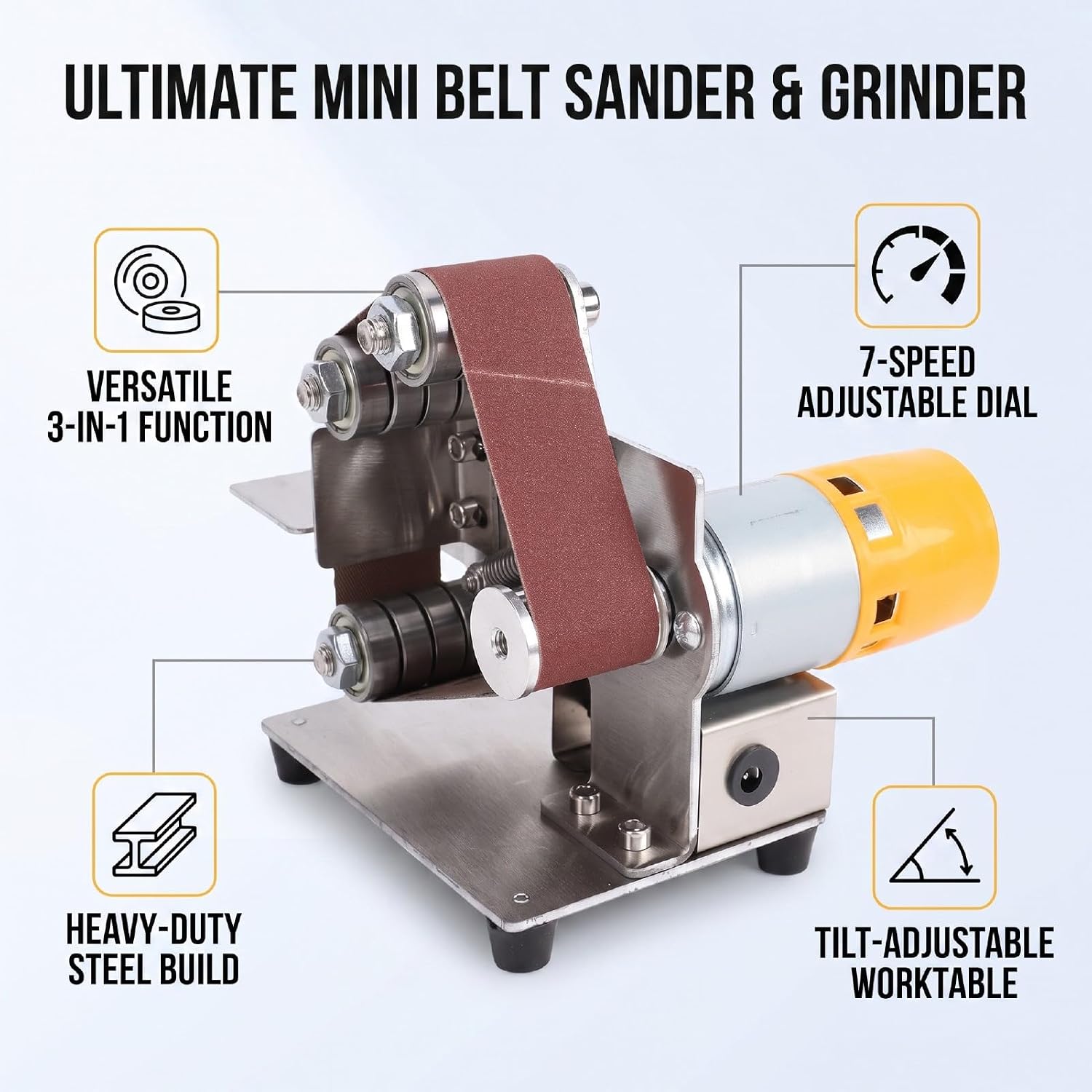 Fafeicy 3 in 1 Mini Belt Sander, 7 Speed Adjustable Electric Bench Grinder for Metal Wood Jewelry