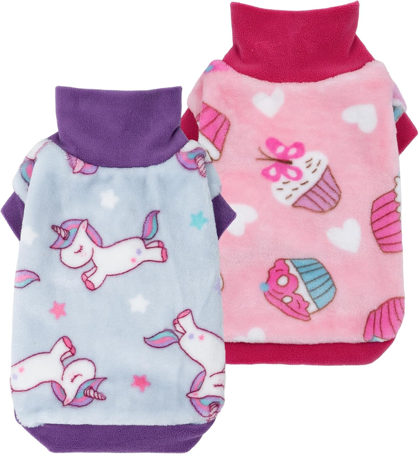Fitwarm 2 Pack Unicorn & Cupcake Fleece Dog Sweater, Thermal Winter Clothes for Small Dogs Girl, Pet Outfit, Purple, Blue, White, Pink, XXL
