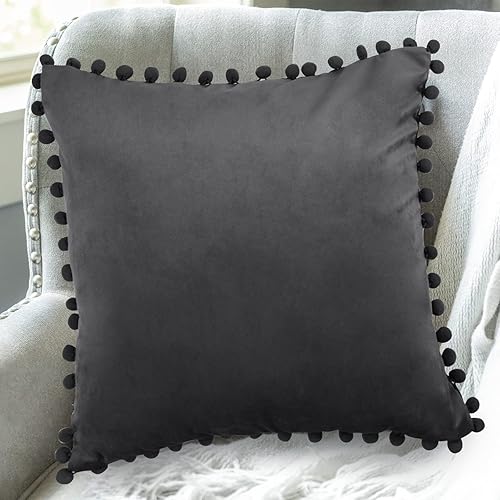 Miniatura 8 de Juego de 2 fundas de almohada decorativas de terciopelo de 16 x 16 pulgadas, fundas de almohada con flecos, color gris oscuro, fundas de cojín