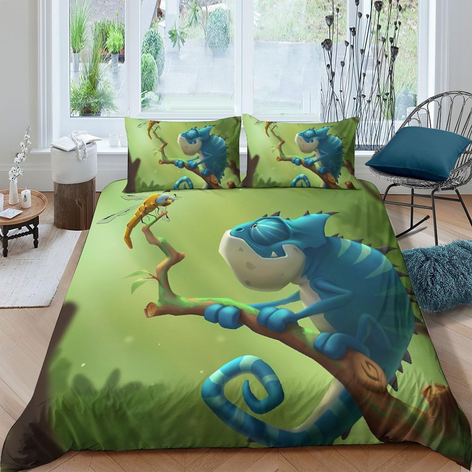 Ctjqhvkz Style-2 3D Printed Blue Chameleon Fitted Sheet Microfiber Soft Cartoon Forest Mattress Cover Anti-Slip Easy Care For Bedroom Dorm Single（135X200cm）
