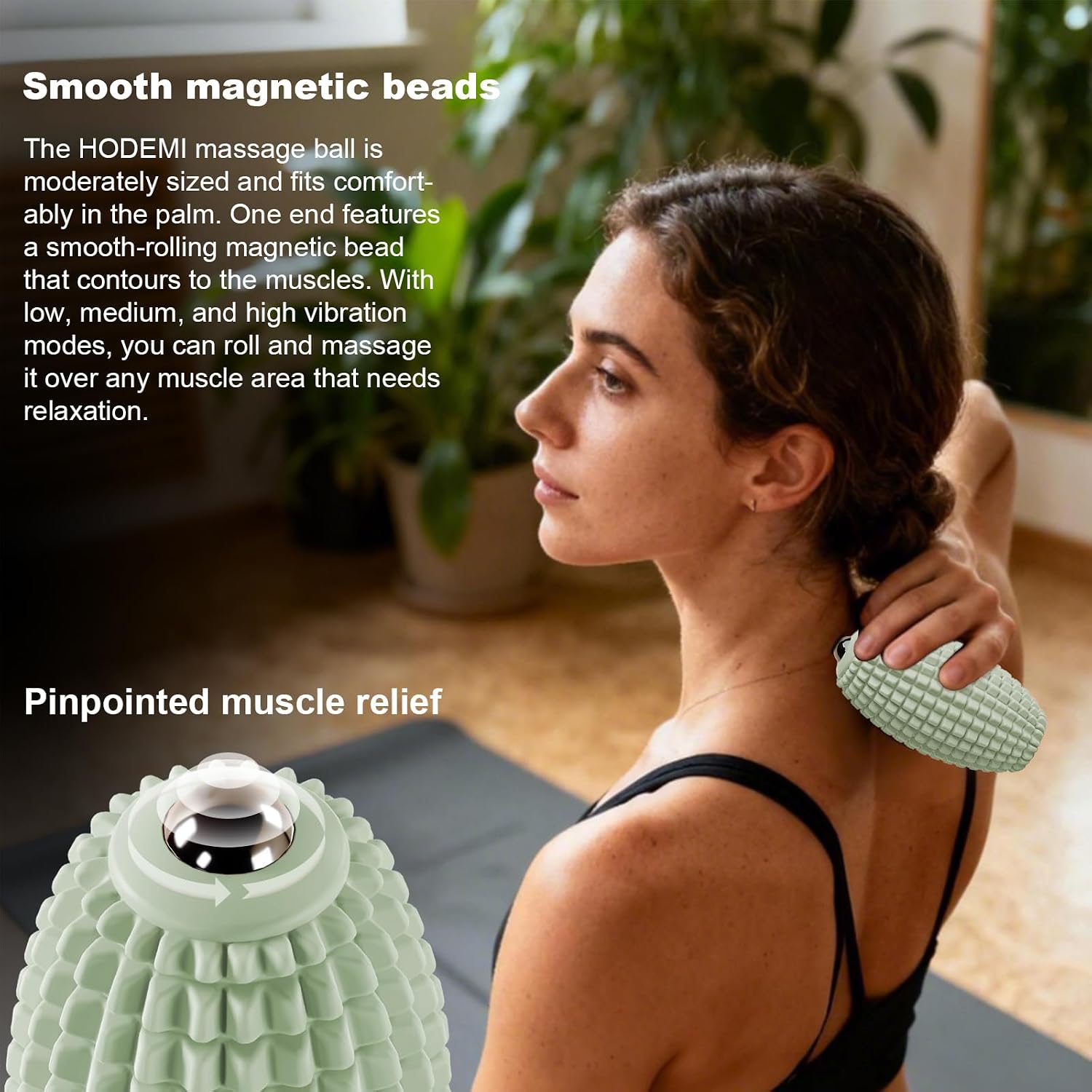 HODEMI Vibrating Massage Ball with Magnetic Rolling Head, Handheld High-Frequency Vibration Massager, 3 Speed Levels, Rechargeable Silicone Massage Roller for Gym, Office, and Travel Use (Green) image 3