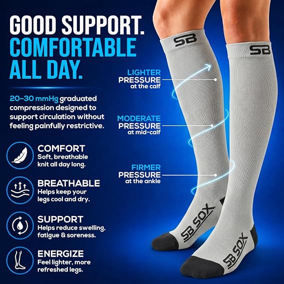 SB SOX Compression Socks for Men & Women (20-30mmHg) Best Compression Socks for Flying, Medical, Sports, Wide Calf Fit, and Daily Wear