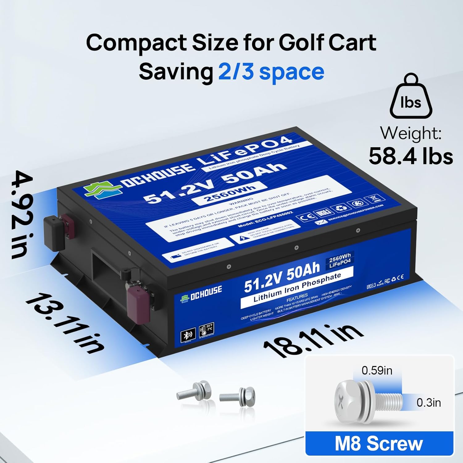 Diagram showing the dimensions of the DC HOUSE 48V 50Ah LiFePO4 battery: 18.11 inches long, 13.11 inches wide, and 4.92 inches high, with M8 screw details.
