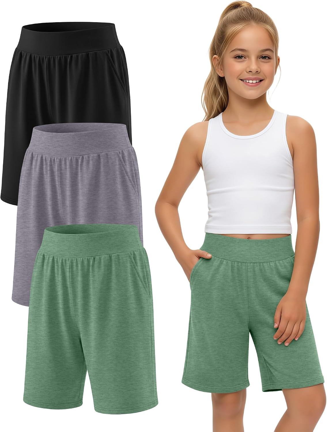 3 Pack Girls' Shorts 5-14Y Elastic High Waist Wide Leg Athletic Teen Summer Loose Running Yoga Clothes with Pockets
