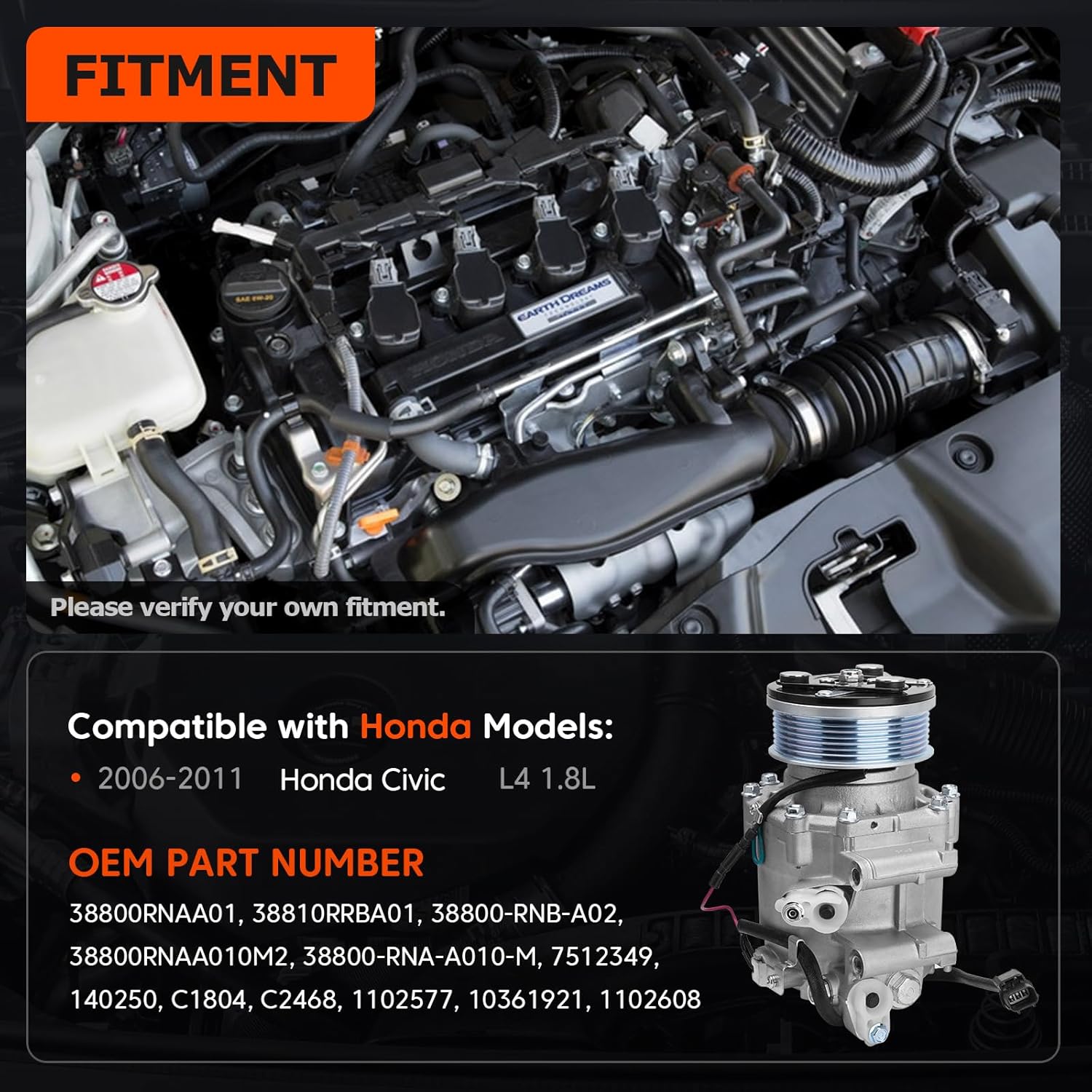 AC Compressor with Clutch Compatible with 2006-2011 Honda Civic 1.8L, Air Conditioner Compressor Replaces # 38800RNAA01 38810RRBA01 38800-RNB-A02 38800RNAA010M2