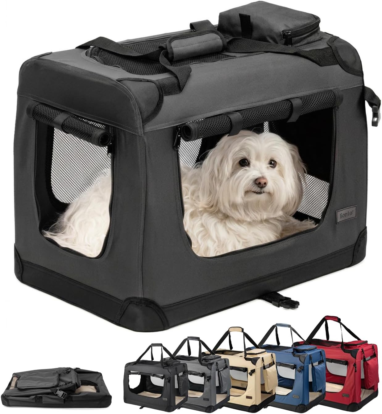 lionto Dog Transport Box Foldable for Travel & car, 23,6x16,5x17,3 in, Sturdy Transport Box with Carrying Handles & Blanket for Cats & Dogs up to 26 lb, Sturdy Fabric Dog Box for Small & Large, Black
