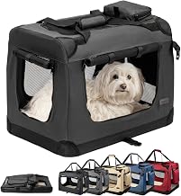 lionto Dog Transport Box, Foldable, for Travel and Car, 60 x 42 x 44 cm, Black | Sturdy fabric dog crate with mesh windows, carry handles, soft blanket & pockets, suitable for cats and dogs up to 12 kg