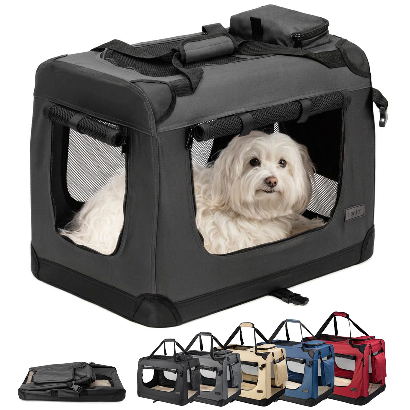 lionto Foldable Dog Crate for Travel and Car, 60 x 42 x 44 cm, Black