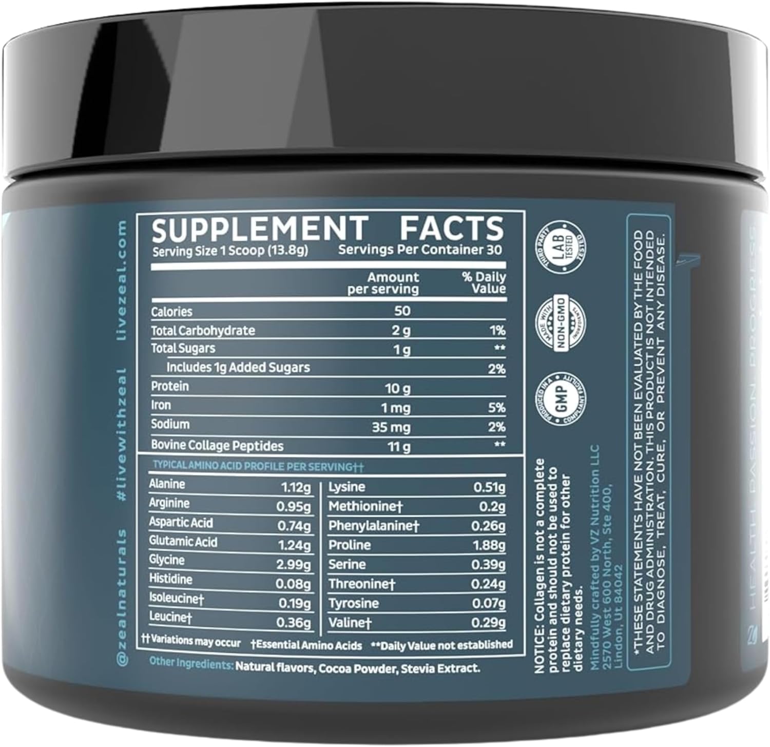 Zeal Naturals Hydrolyzed Collagen Peptides Powder, 10g Protein | Grass-Fed Collagen for Women & Men | Essential Amino Acids | Hair, Skin, Nails, Bone Health | 30 Servings, Pure Chocolate