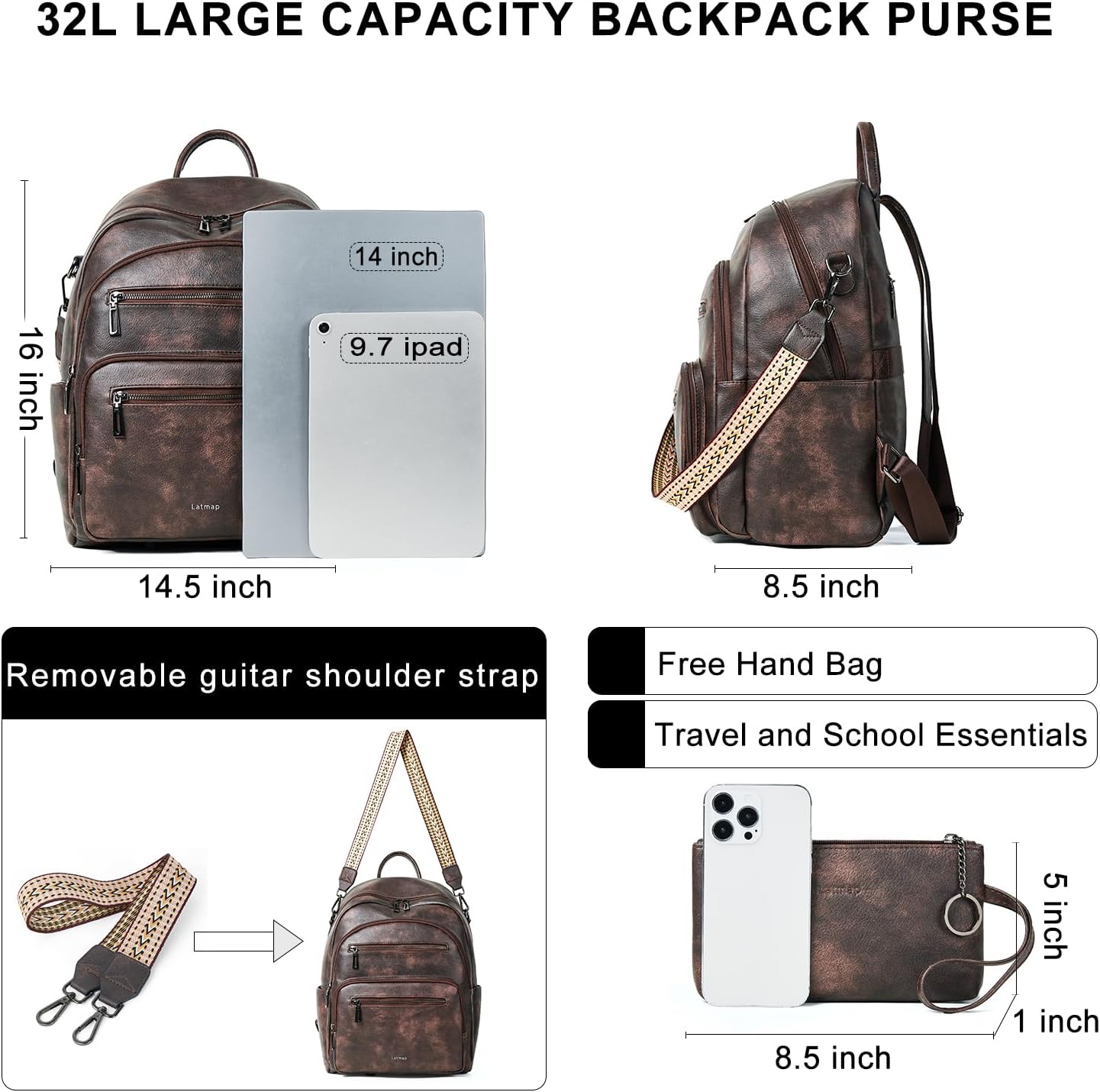 Backpack Purse for Women Laptop Backpack, Leather Travel Backpack Shoulder Bag Teacher College Daypack Work Handbag fits 14" Laptop-Coffee - Image 3