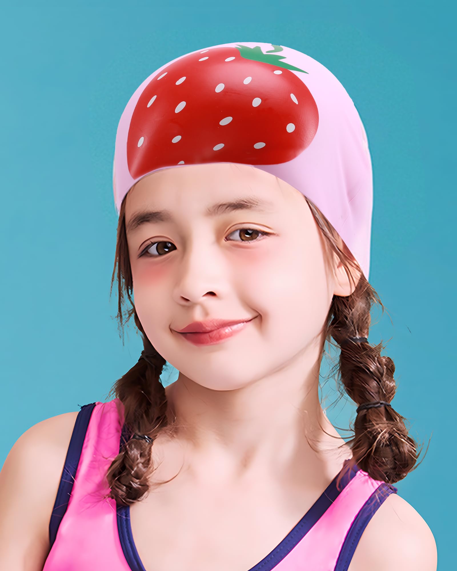 Swimming Cap Kids 6-14 - Swim Hat for Kids 6-14 Years Silicone & Waterproof, Pink strawberry, One size fits ages 6-14 - Image 2