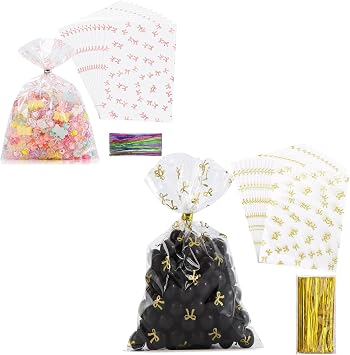 SOMIOCO Pink 5X7In 100PCS Cello Cellophane Treat Bags Party Favor Bags+ Gold 6X11In 100PCS Cello Cellophane Gift Bags