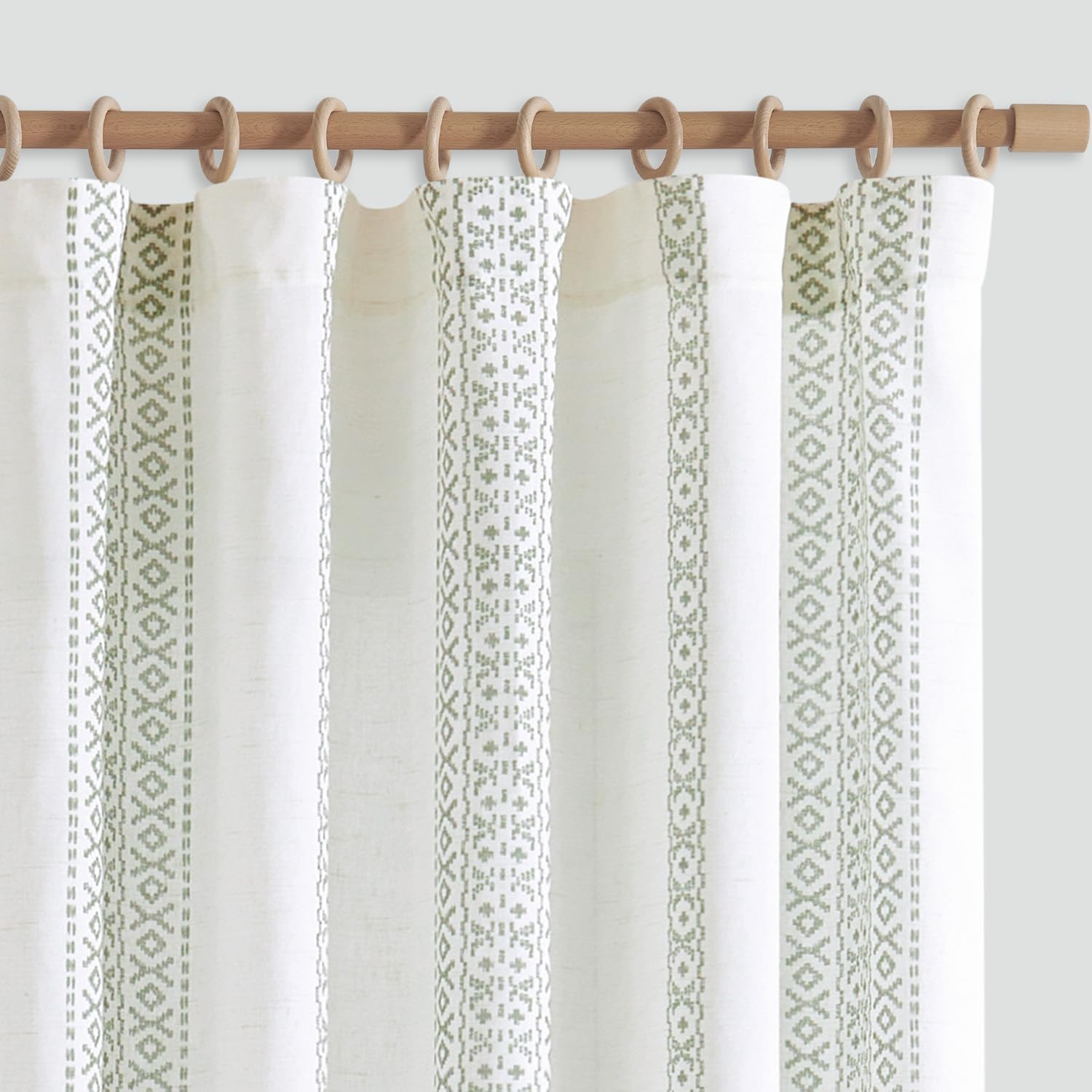 jinchan Boho Linen Curtains 96 Inches Long Country Farmhouse Printed Curtains for Living Room or Bedroom Green on White Rod Pocket Back Tab Geometric Light Filtering Drapes Set 2 Panels