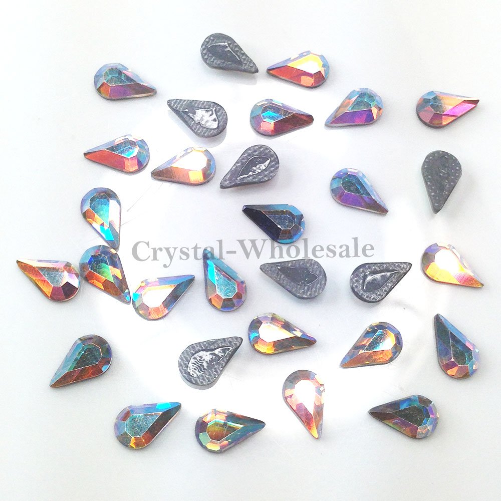 Austrian Crystal AB (001 AB) Rainbow Effect Austria 2300 Teardrop - 8x4.8mm Flatbacks Hotfix Glue Rhinestones 12 pcs Nail Art gems blings DIY