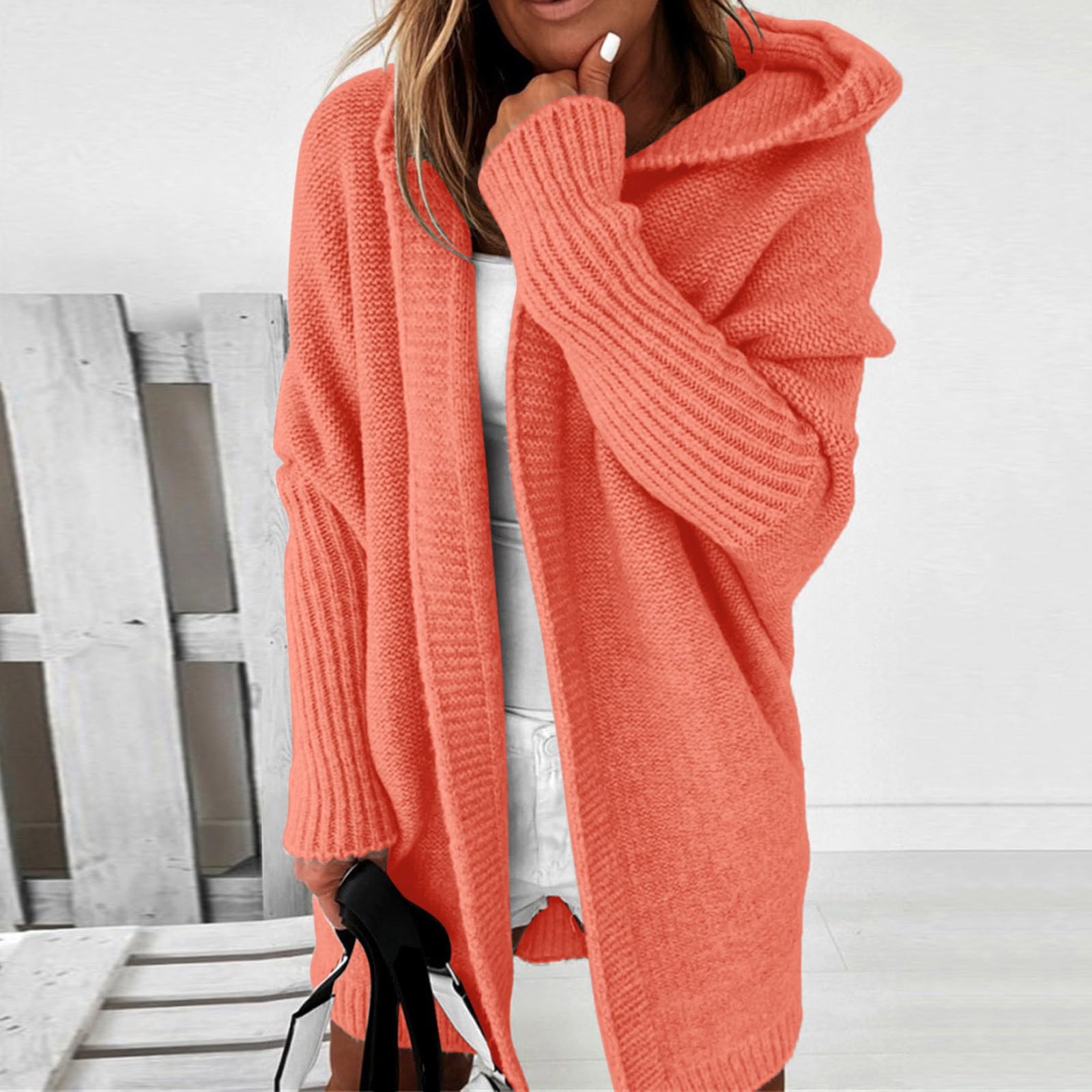 Générique Cardigan à Capuche Ouvert sur Le Devant pour Femme, Pull en Tricot torsadé de Couleur Unie Manteaux Longs