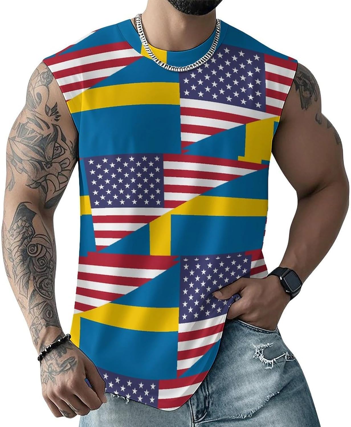 U.S. and Sweden Flag Men Summer Sleeveless Crew Neck Top 5XL