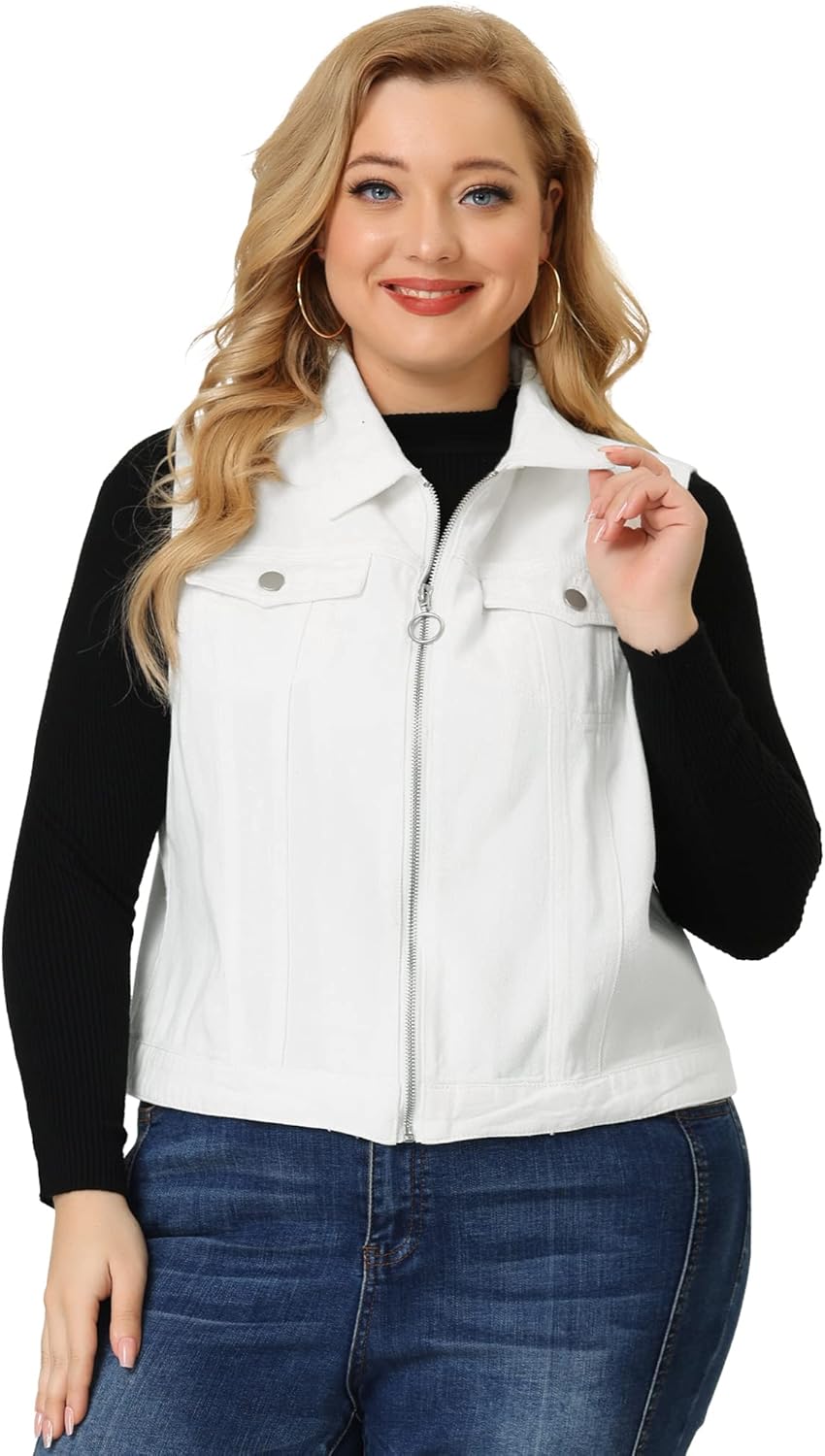 Agnes Orinda Plus Size Denim Vest for Women Sleeveless Zip Up Button Down Waistcoat Jeans Jackets Vests - Image 4