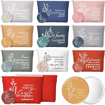 Kacctyen 10 Sets Spanish Christian Gifts for Women Bulk Bible Verse Makeup Bags Compact Mirror Regalos Cristianos Para Mujer En Espanol Canvas for Church Articulos Religiosos Catolicos Morandi Color