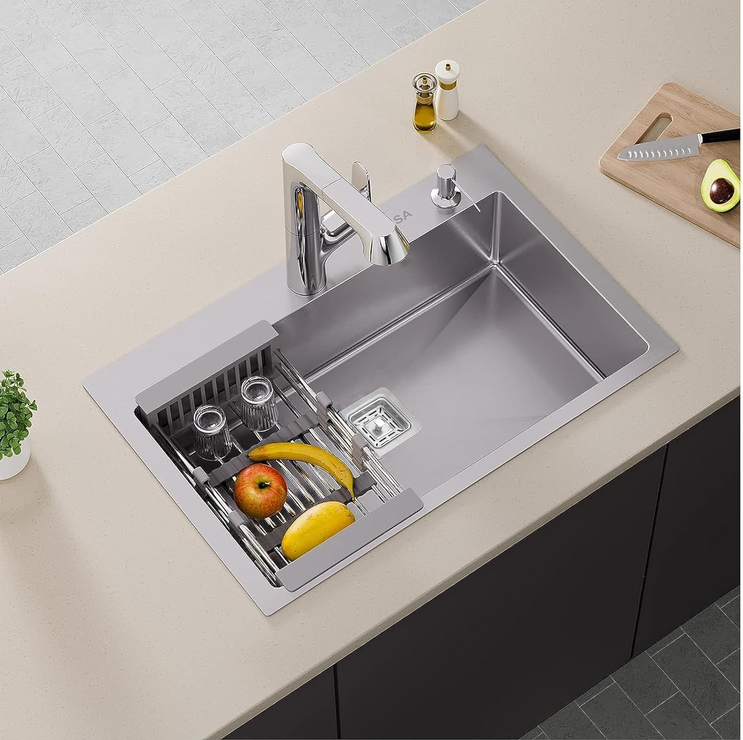 Fossa Silver Kitchen Sink - 24"x18"x10" Stainless Steel Single Bowl Sink With Tap Hole,Drain Basket, Soap Dispenser, Siphon Drain - Topmount Sink for Campervan or Home Kitchen 4