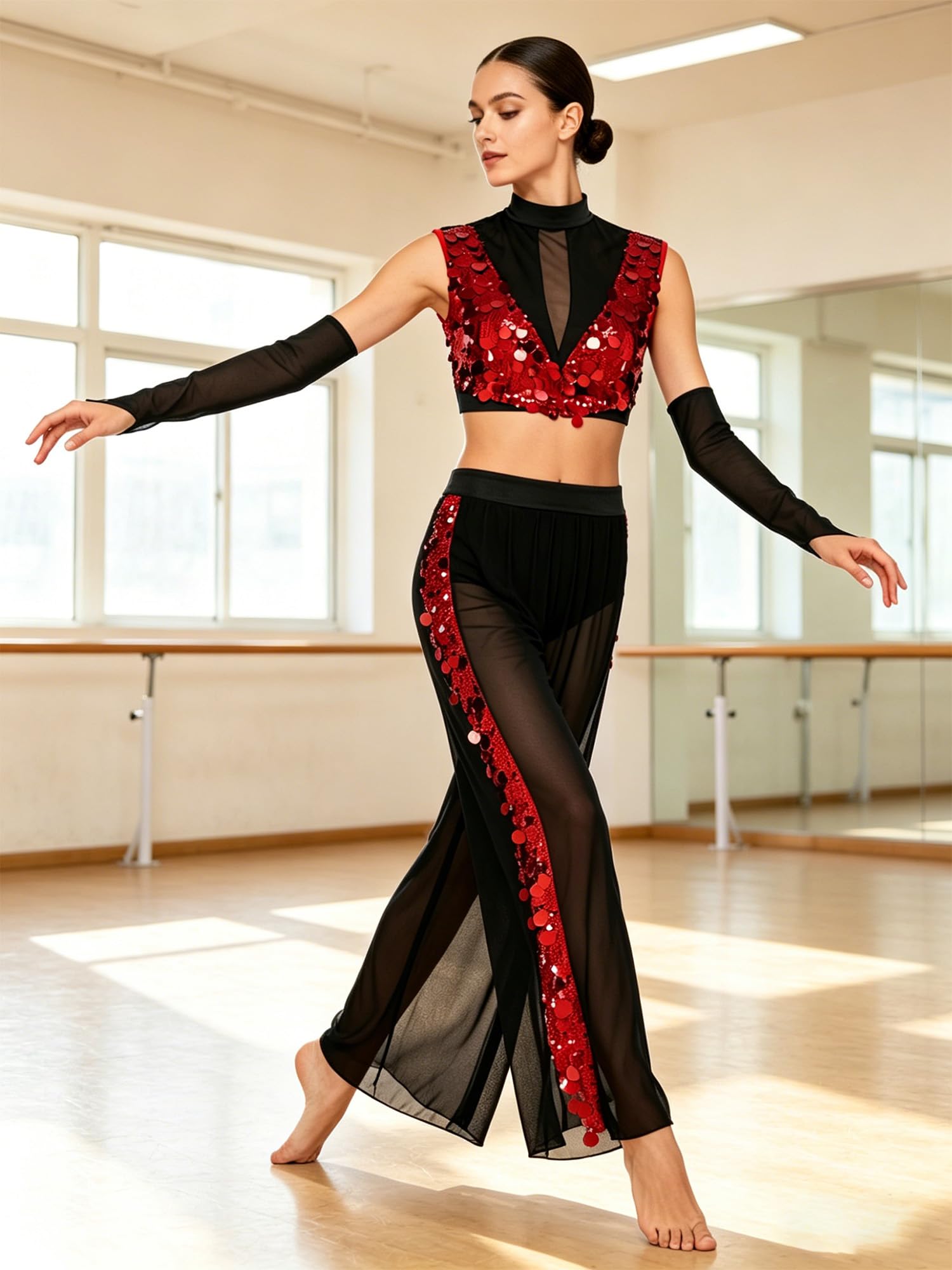 Disfraz de danza lírica para mujer, traje de dos piezas, parte superior de malla, traje de pantalón, traje de baile lírico, traje de actuación, baile de graduación