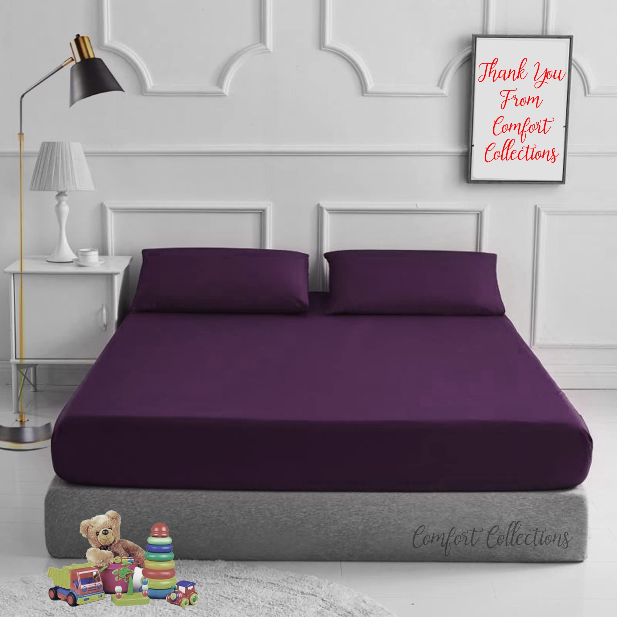 Comfort Collections Plain Dyed Easy Care Poly Cotton Flat and Fitted Sheet Set with Pillow Case Bedding Set (Plum, Superking)
