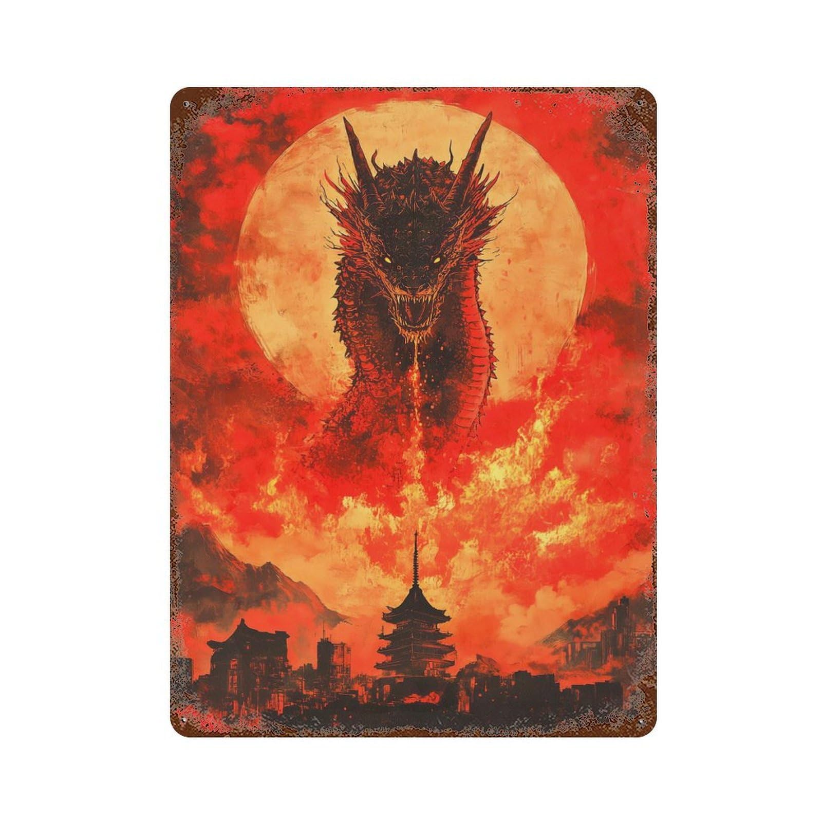 Dragon Over Cityscape Decorative Tin Sign 15.7"x11.8", Old School Wall Decor for Garage, Pub Or Kitchen