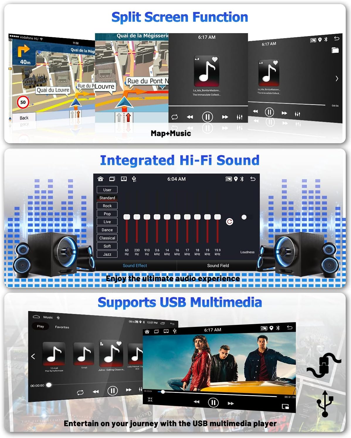 Images showing optional accessories: dashcam, DAB+ box, and OBD2 scanner