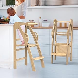 Toddler Step Stool, Folding Wooden Step Stool, Montessori Toddler Tower, Kids Step Stool Toddler Tower, Kitchen Helper Stool for Toddlers, Toddler Tower Step Stool Kitchen Helper Standing Tower
