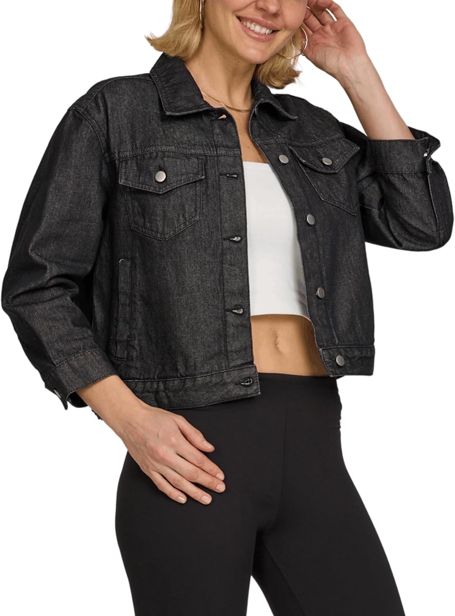 American Denim Chaqueta vaquera de manga 3/4 para mujer, parte superior recortada con botones